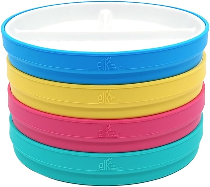 Elk and Friends Kids 7.8” Porcelain White Plates with Silicone Sleeves | Divided Plates | Suitable