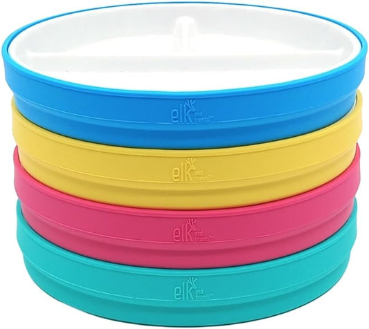 Elk and Friends Kids 7.8” Porcelain White Plates with Silicone Sleeves | Divided Plates | Suitable