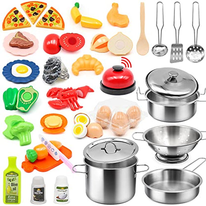 Kids Pretend Play Kitchen Accessories Set, 38pc Play Pots Pans Set for Kids