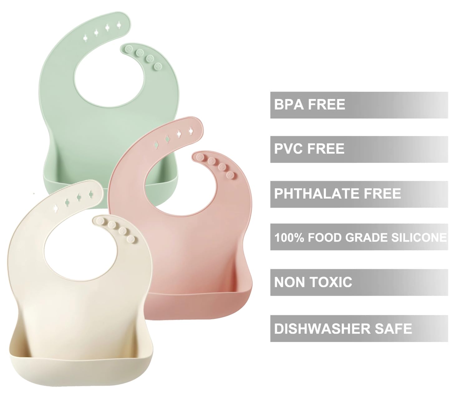 PandaEar Set of 3 Silicone Baby Bibs Waterproof, Soft, Unisex, 10-72 Months (Pink/Green/Beige)