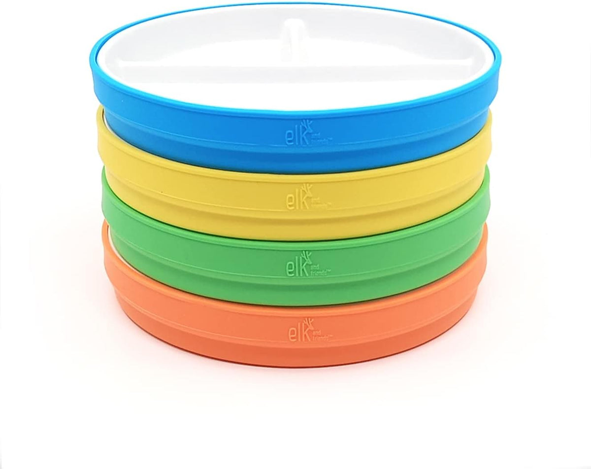 Elk and Friends Kids 6.7” Porcelain Divided Plates with Silicone Sleeves | Suitable for