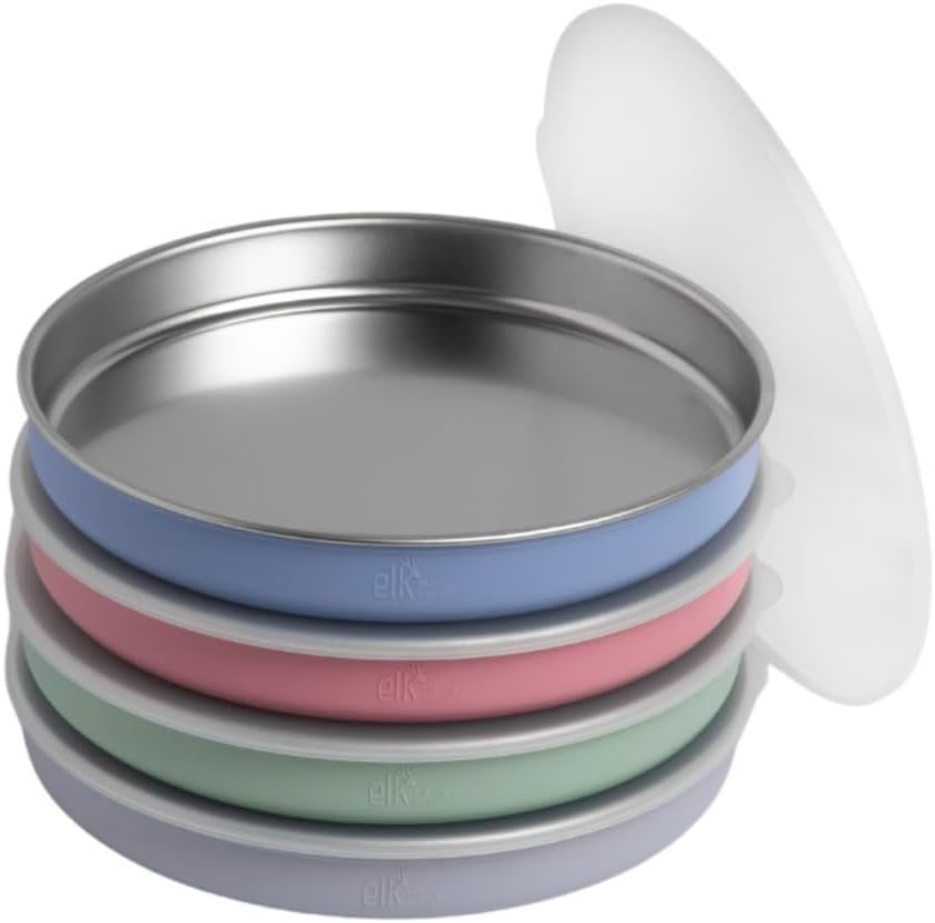 Elk and Friends 7.8” Stainless Steel Non Divided Plates with Silicone Sleeve + Storage Lid | Baby