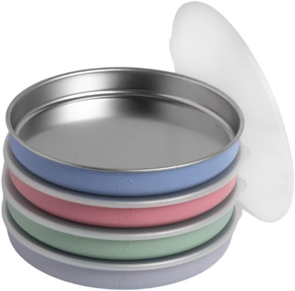 Elk and Friends 7.8” Stainless Steel Non Divided Plates with Silicone Sleeve + Storage Lid | Baby