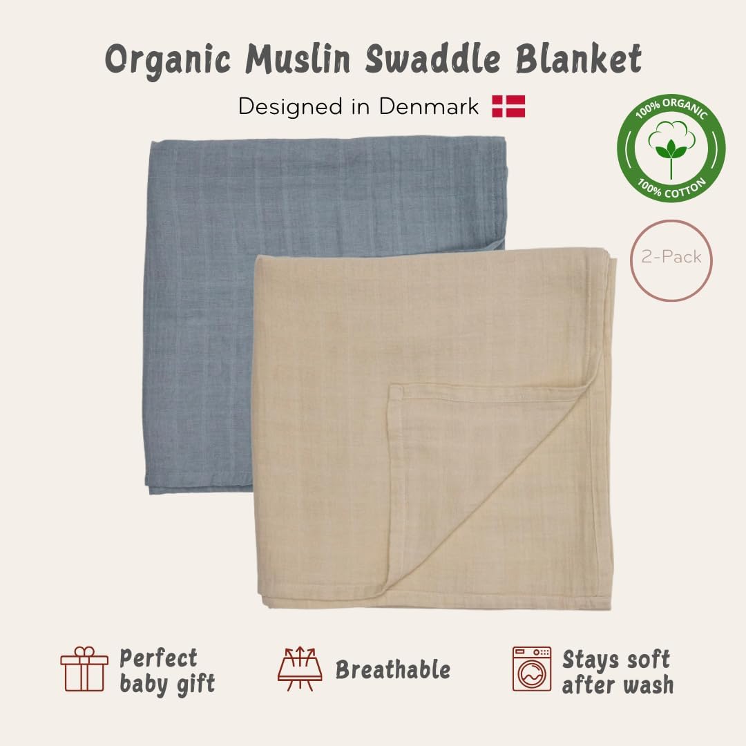 Swaddle - 100% Organic Cotton - Muslin Swaddle Blankets for Newborn, 47" x 47" 2-Pack