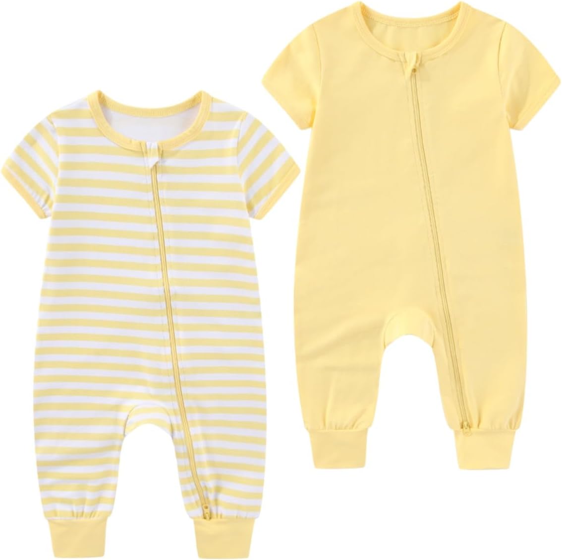 2 Pack Unisex Baby Short Sleeve Rompers 2 Way Zipper New Born One-Piece Jumpsuits 0-24Months Infant