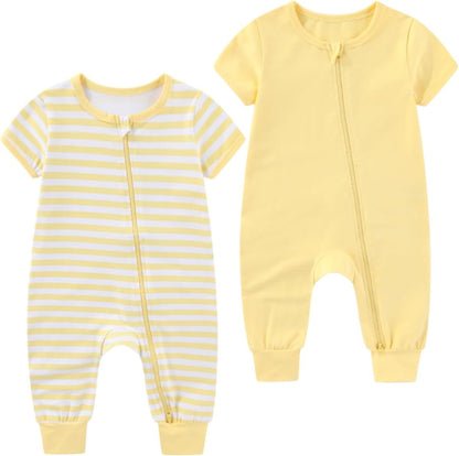 2 Pack Unisex Baby Short Sleeve Rompers 2 Way Zipper New Born One-Piece Jumpsuits 0-24Months Infant