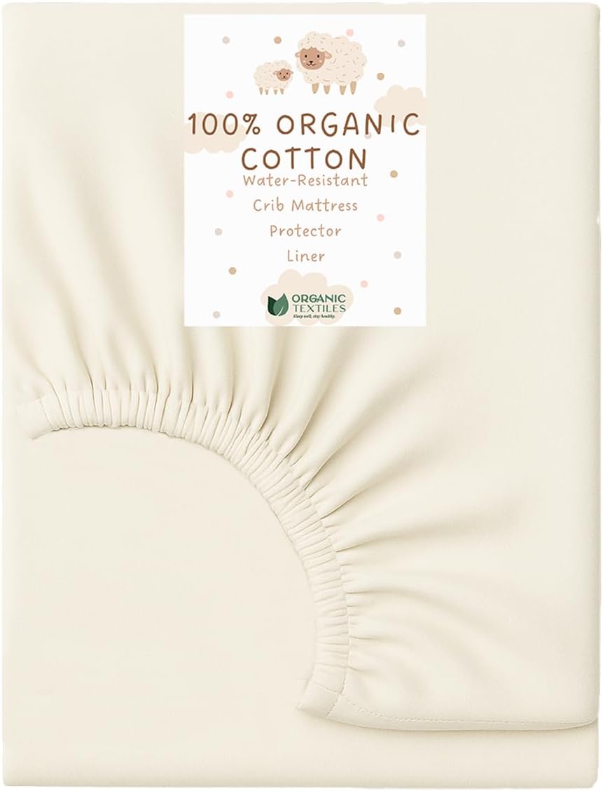 Organic Cotton Crib Mattress Protector - Water Resistant Fitted Sheet Liner Pad, Skin Friendly
