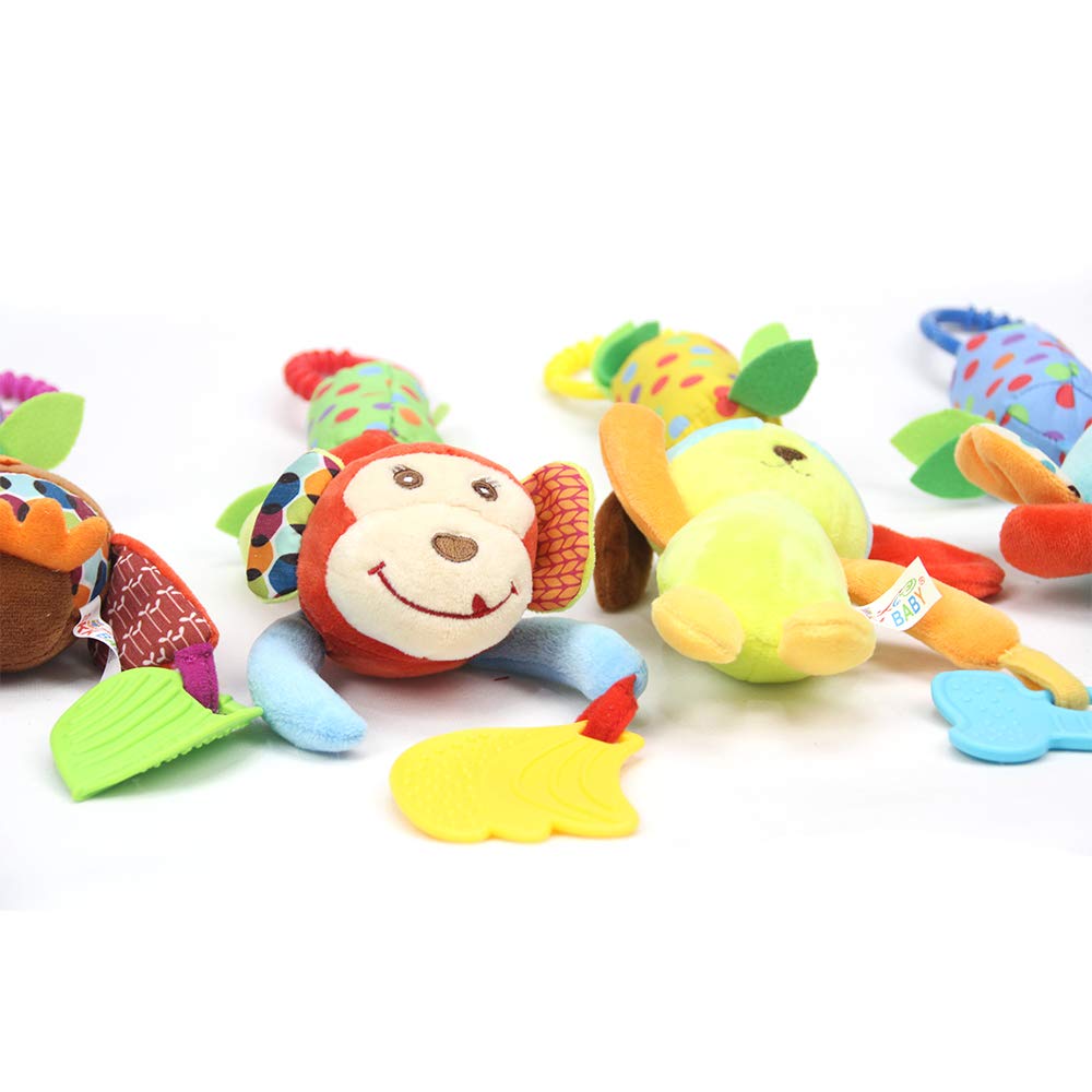 4 PCS Baby Soft Hanging Rattle Crinkle Squeaky Toy - Baby Toys for 0 3 6 9 to 1 Animal Ring Plush