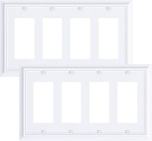 2-Pack Quad Decorator Wall Cover Plate, Pure White Decorative Switch Plates and Outlet Covers