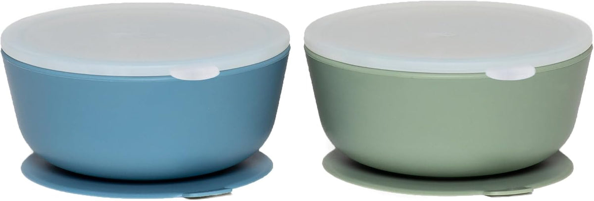 WeeSprout Suction Bowls for Baby & Toddlers (Set of 2) - 100% Silicone w/Plastic Lid - Leak Proof