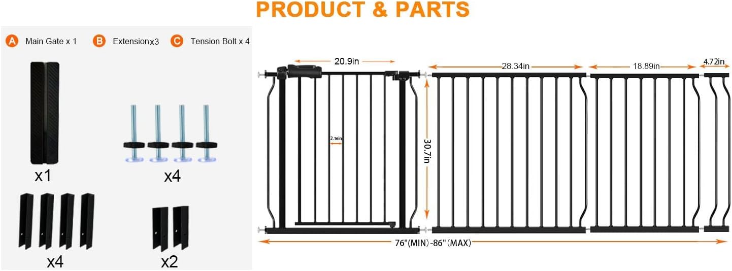 HOOEN 30" Tall Extra Wide Baby Gates for Doorways Stairs 76 to 86 in Large Long Pressure Mounted
