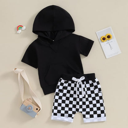 Toddler Baby Boy Summer Hooded Outfit Contrast Color Short Sleeve T Shirt Top Elastic Shorts Summer