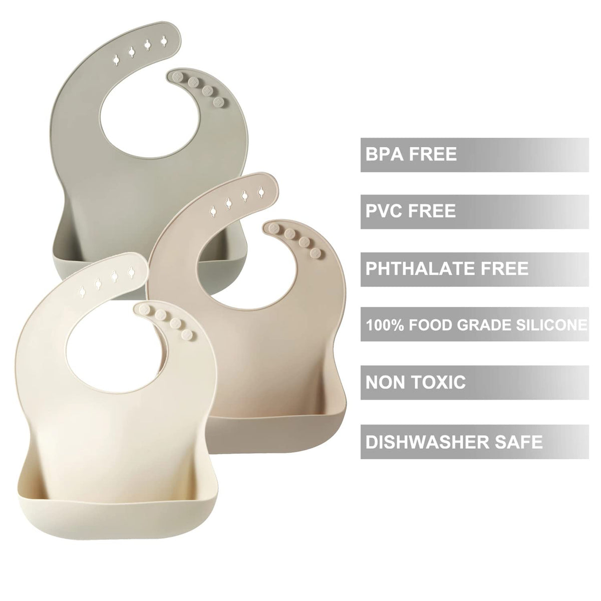 PandaEar Set of 3 Silicone Baby Bibs, Waterproof Soft Adjustable Bibs for Babies Toddlers 10-72