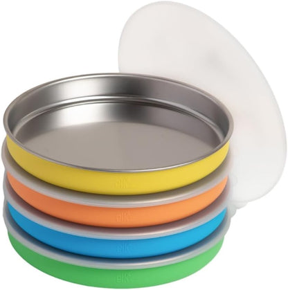 Elk and Friends 7.8” Stainless Steel Non Divided Plates with Silicone Sleeve + Storage Lid | Baby