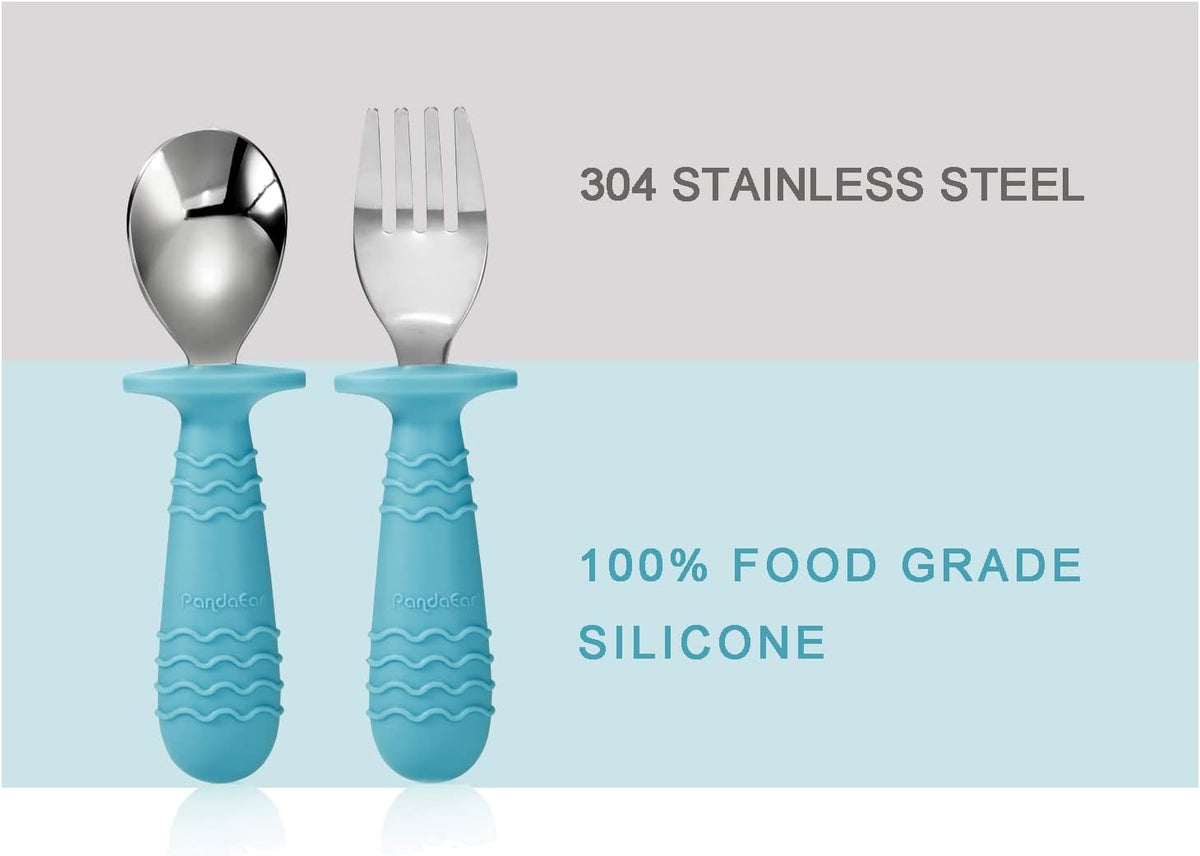 PandaEar 4 Set Baby Toddler Silicone Stainless Steel Utensils Silverware Spoon Fork for Baby