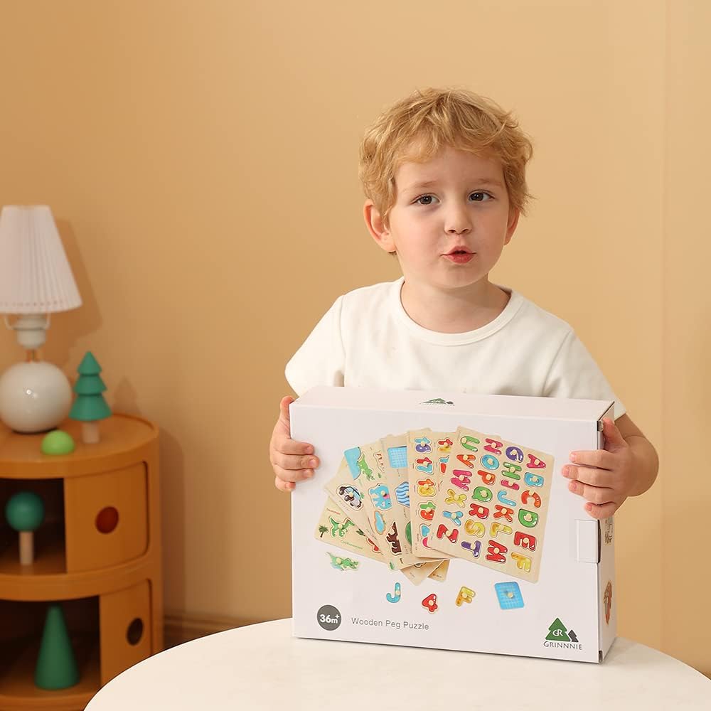 GRINNNIE Wooden Peg Puzzle for Toddlers, 6 Pack Toddler Puzzles Set for 3 4 5 Years Old (Alphabet