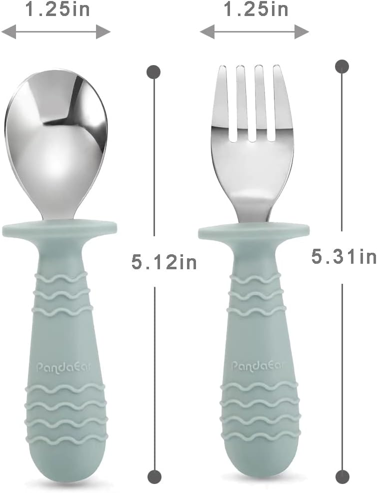 PandaEar 4 Set Baby Toddler Silicone Stainless Steel Utensils Silverware Spoon Fork for Baby