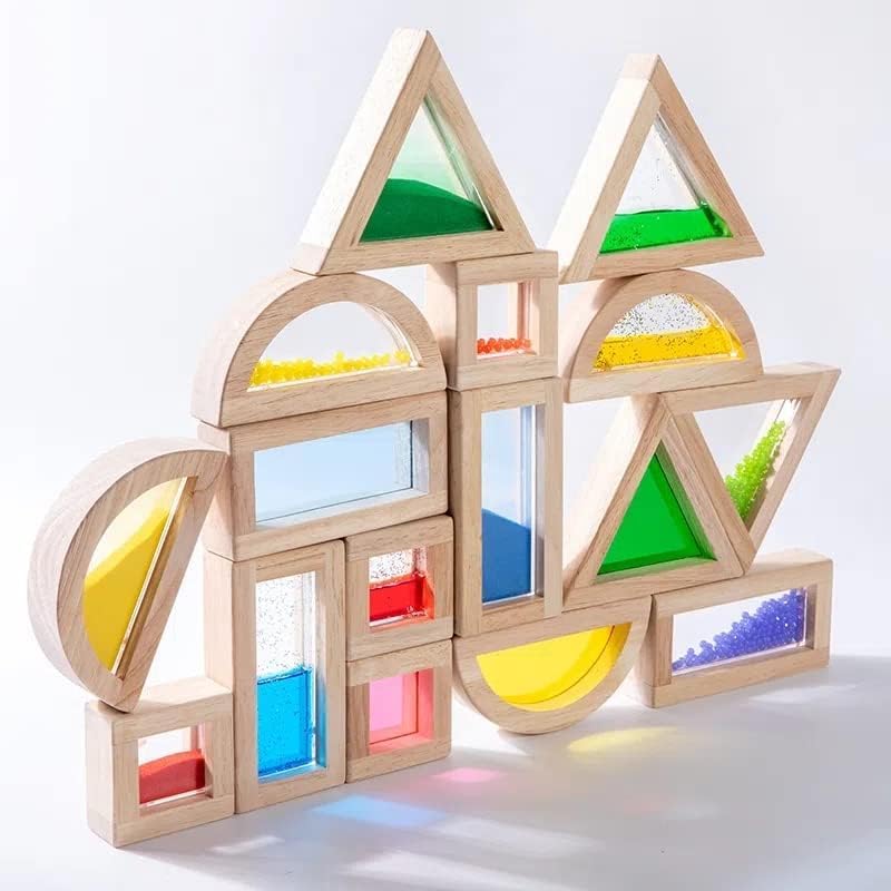 Large Wooden Building Blocks for Toddlers Baby Kids 16 Pcs Rainbow Blocks Geometry Sensory Stacking