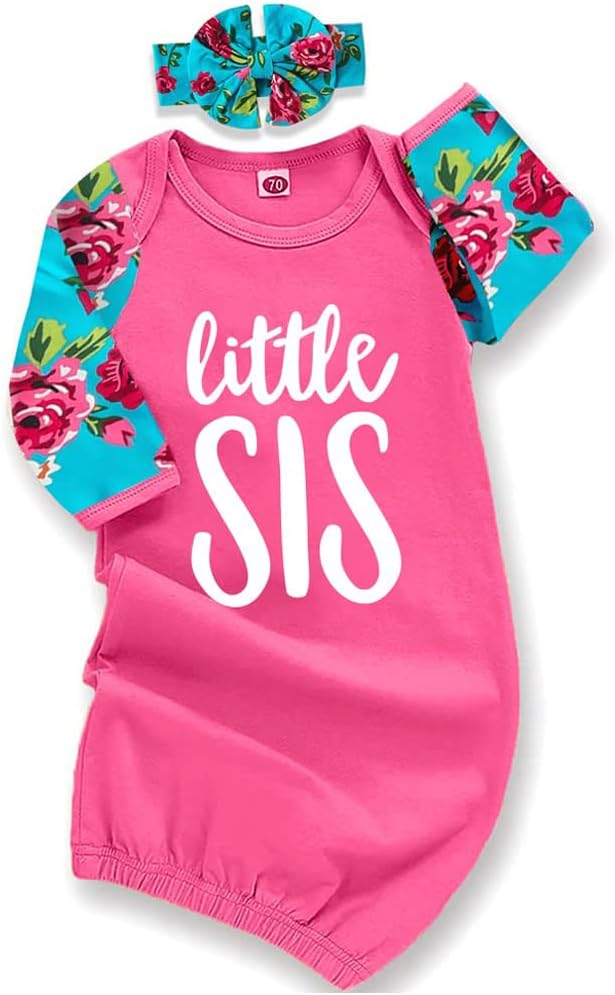 AMAWMW Newborn Baby Girl Little Sister Sleeper Gown Stripe Long Sleeve Nightgown Pajamas Gifts