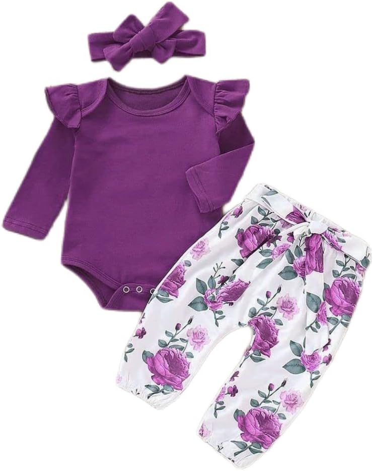Newborn Baby Girl Clothes, Infant Girl Outfits Long Sleeve Ruffle Romper + Floral Pants + Headband