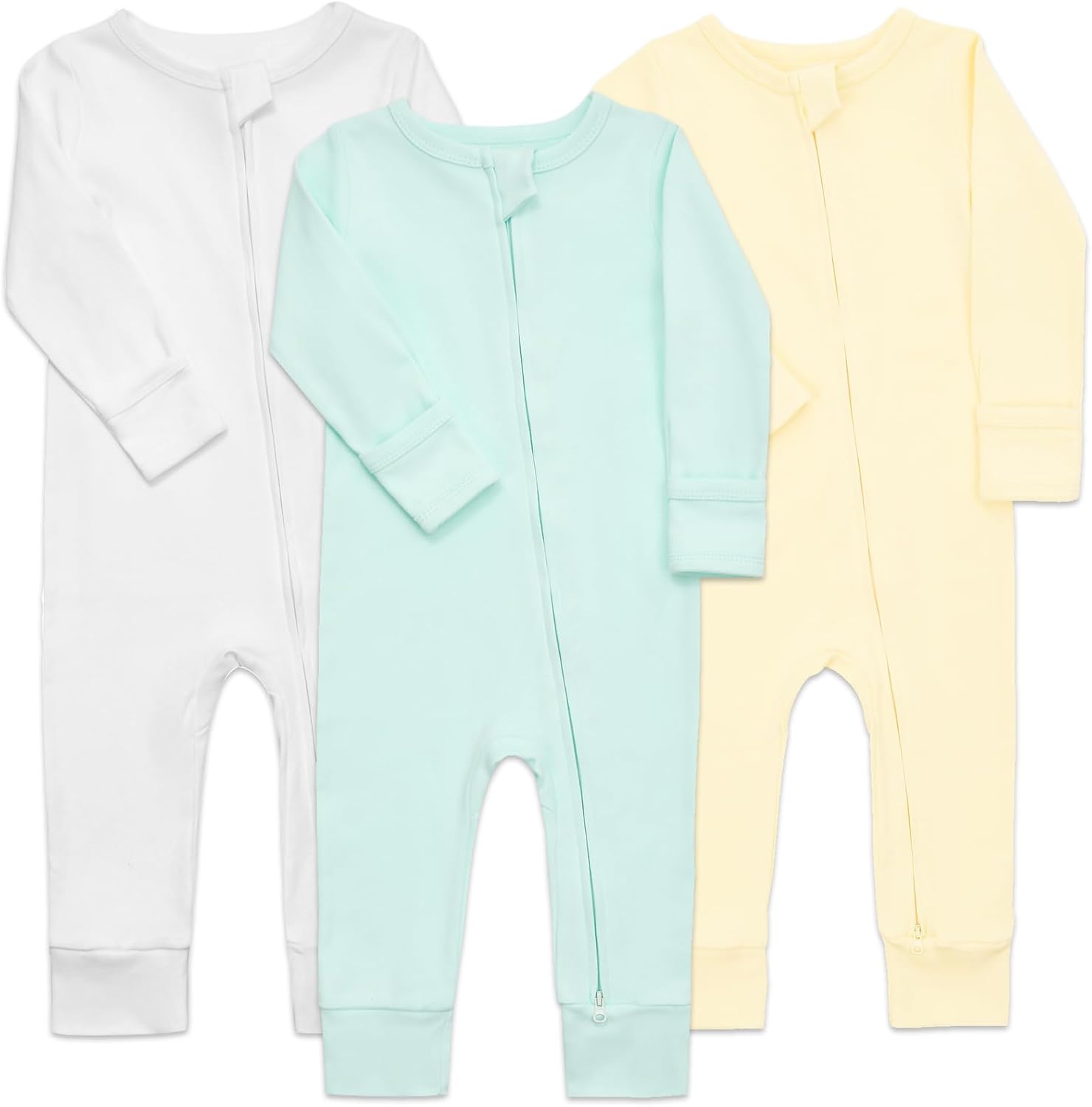 Aablexema 3-Pack Organic Cotton Baby Footless Pajamas with Mitten Cuffs, 2-Way Zipper Romper