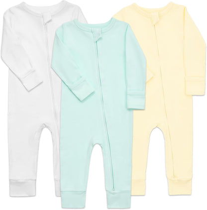 Aablexema 3-Pack Organic Cotton Baby Footless Pajamas with Mitten Cuffs, 2-Way Zipper Romper
