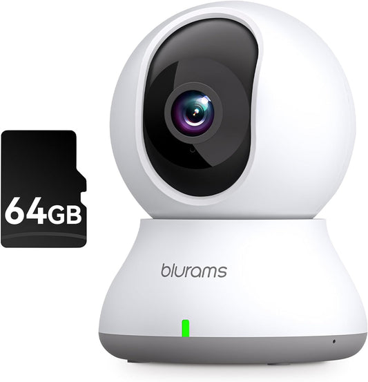 blurams Security Camera 2K, Baby Monitor Dog Camera 360-degree for Home Security (White + 64GB TF