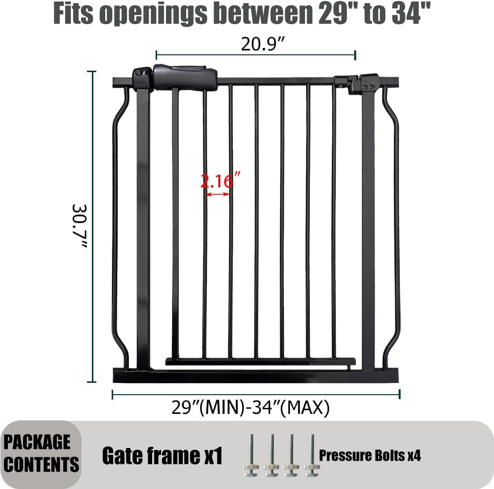 29-34 Inch Baby & Pet Gate - Black Metal, Pressure Mounted, Walk Through Safety Gate for Narrow