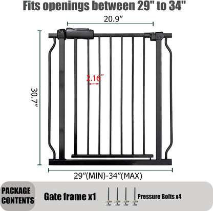 29-34 Inch Baby & Pet Gate - Black Metal, Pressure Mounted, Walk Through Safety Gate for Narrow