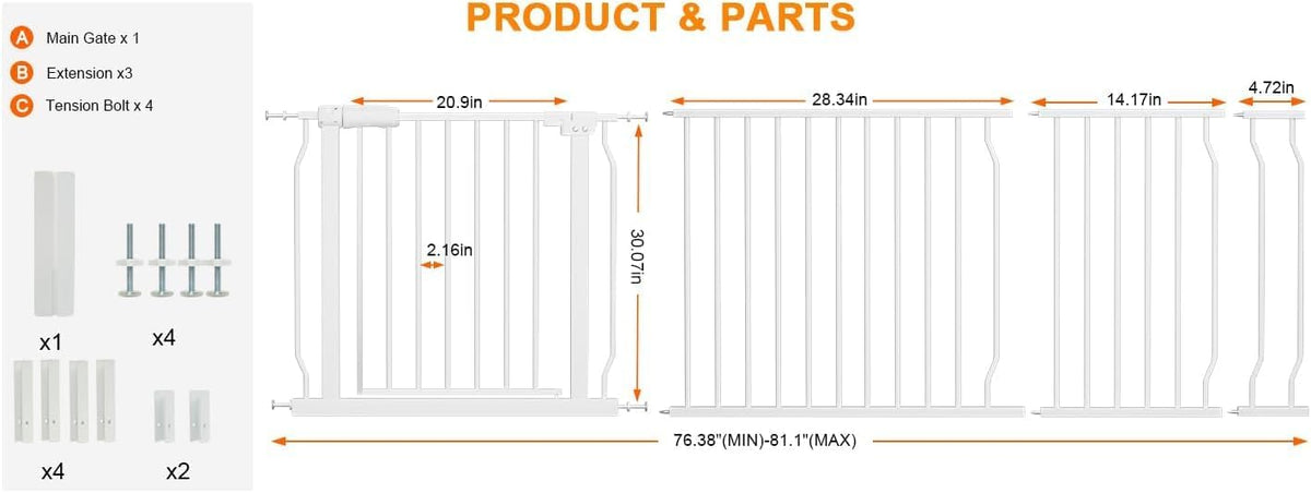 HOOEN Extra Wide Baby Gate for Doorways Stairs 76.38-86.3 Inch Large Long Pressure Mounted Dog