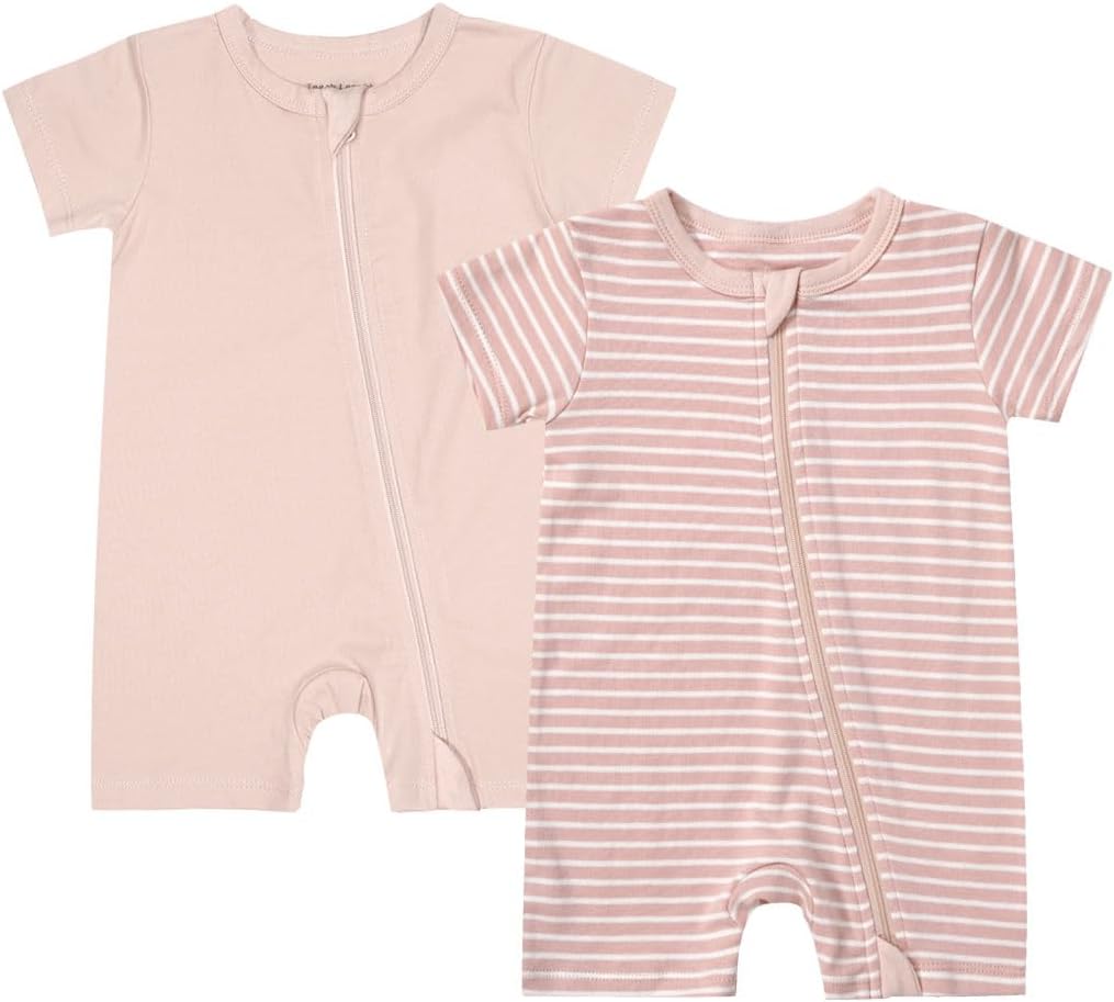 Teach Leanbh Unisex Baby 2 Pack Pajamas Cotton Short Sleeve 2 Way Zipper Stripe Soild Romper