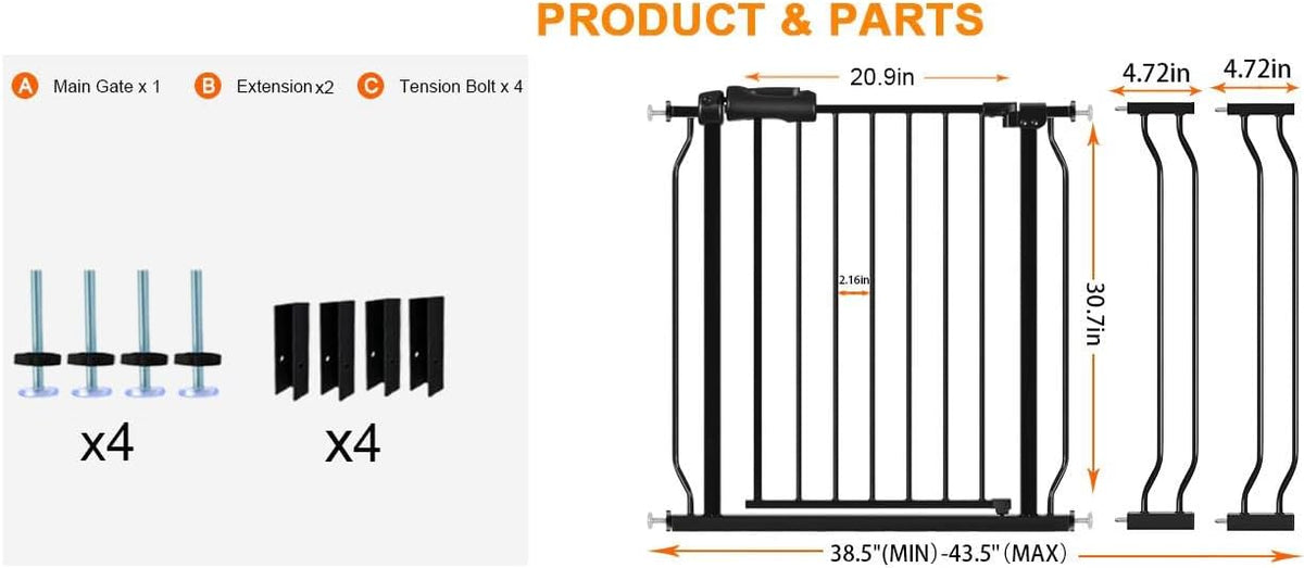 HOOEN Wide Baby Gates for Doorway Stairs 30" Tall 38.5-43.5 Inch Wide Indoor Child Gate for Kid or