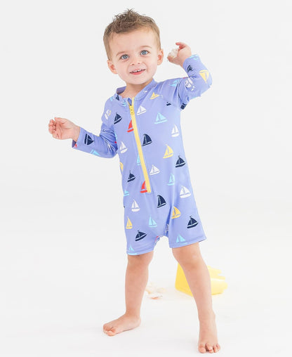 RUGGEDBUTTS Baby/Toddler Boy Swimsuit, One Piece Zipper Rash Guard Sunsuit with UPF 50+ Sun