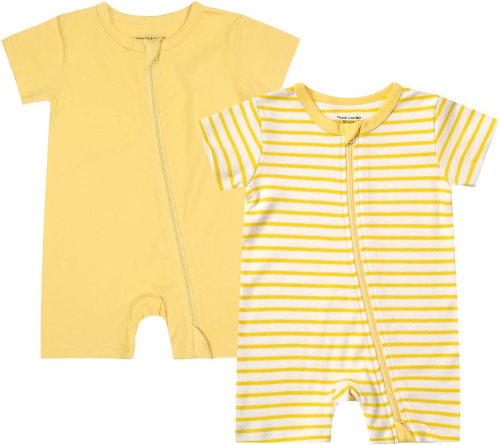 Teach Leanbh Unisex Baby 2 Pack Pajamas Cotton Short Sleeve 2 Way Zipper Stripe Soild Romper