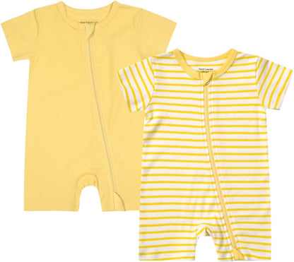 Teach Leanbh Unisex Baby 2 Pack Pajamas Cotton Short Sleeve 2 Way Zipper Stripe Soild Romper