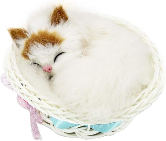 Sleeping Cat in Basket Doll Toy, Kitten in Basket with Meows Sounds Decor for Office Desk Hand Toy