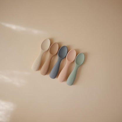 mushie Silicone Toddler Starter Spoons | 2 Pack (Cambridge Blue/Shifting Sand)