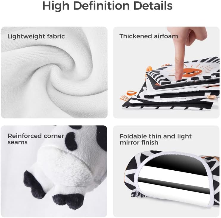 TUMAMA Black and White Baby Toys, High Contrast Tummy Time, Newborn Soft Books Mirror Rattles