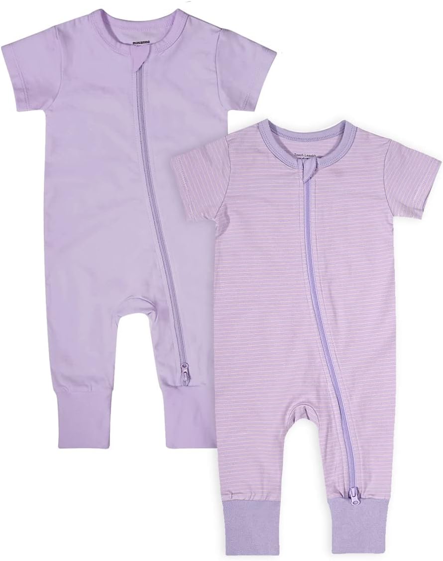 Teach Leanbh Baby Boys Girls 2-Pack Romper Jumpsuits Cotton 2 Way Zipper Short Sleeve Footless
