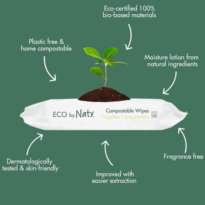 Eco by Naty Baby Wipes Unscented - 100% Compostable and Plant-Based Wipes, Good for Babies and