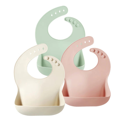 PandaEar Set of 3 Silicone Baby Bibs Waterproof, Soft, Unisex, 10-72 Months (Pink/Green/Beige)