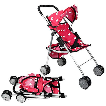 The New York Doll Collection My First Doll Stroller with Basket & Heart Design Foldable Doll