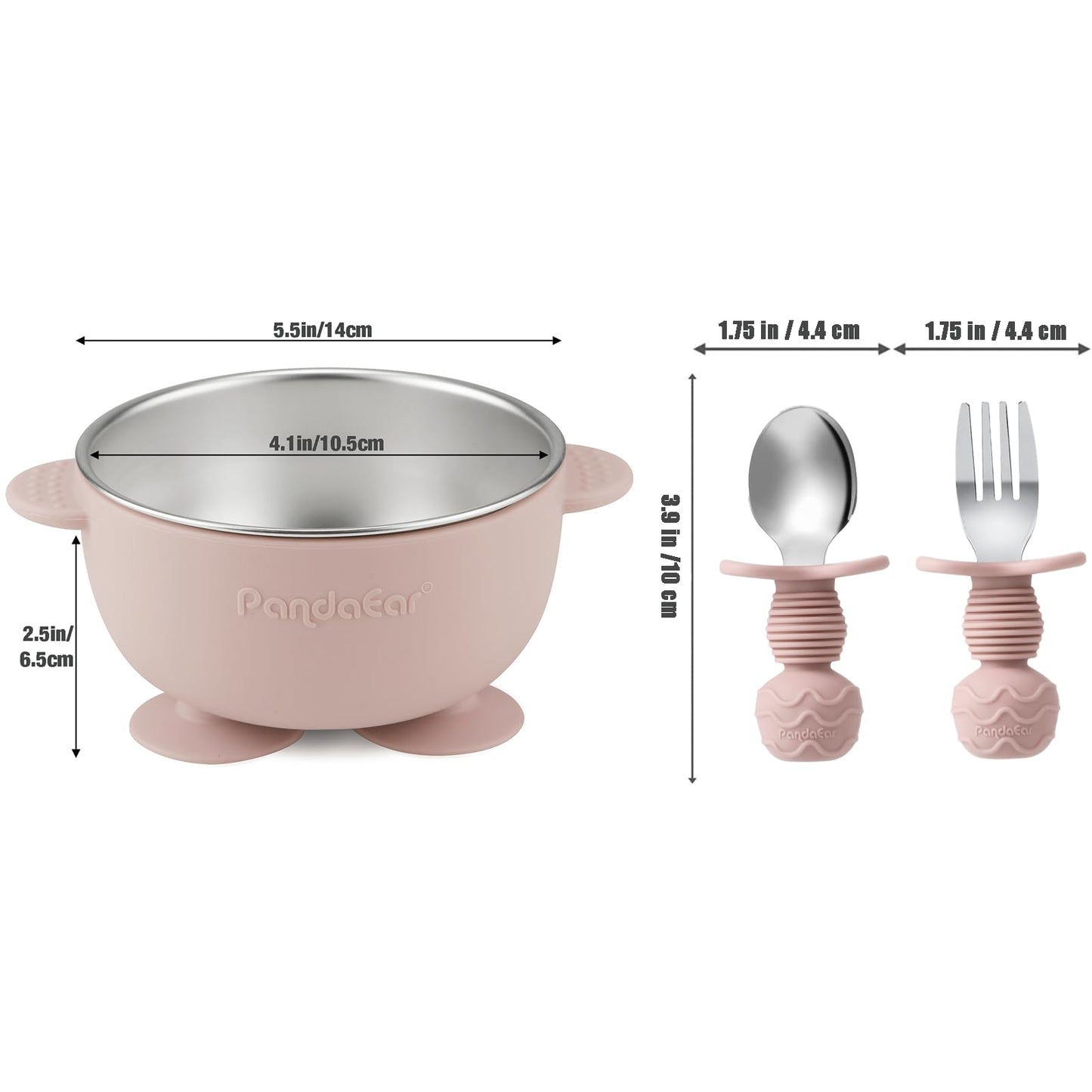 PandaEar 8PCS Baby Feeding Set | Stainless Steel Suction Plates and Bowls with Silicone Fork and
