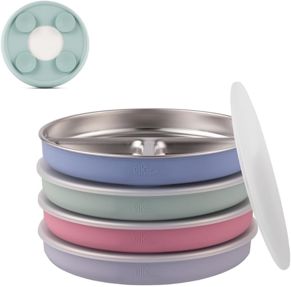 Elk and Friends Stainless Steel Divided Plates with Silicone Sleeve for Babies & Toddlers | Lids
