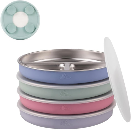 Elk and Friends Stainless Steel Divided Plates with Silicone Sleeve for Babies & Toddlers | Lids