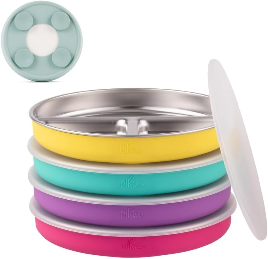 Elk and Friends Stainless Steel Divided Plates with Silicone Sleeve for Babies & Toddlers | Lids