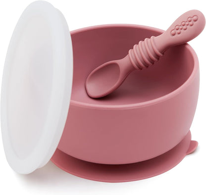 SAMiGO Silicone Baby Bowl and Spoon Set with Suction and Lid, First Stage Self Feeding Essentials