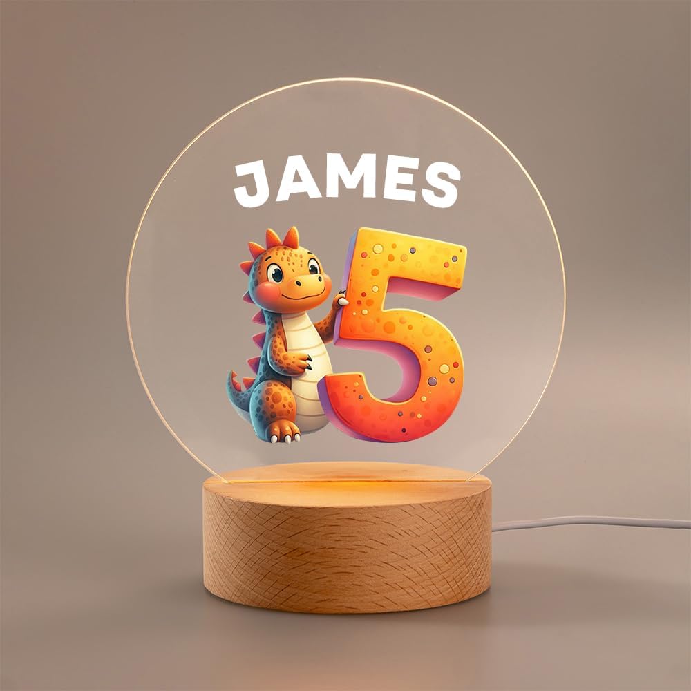 callie Acrylic Night Light Name Plate Personalized, Custom Cute Dinosaur Car with Wooden Base
