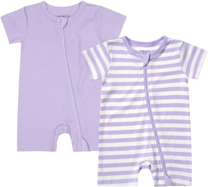 Teach Leanbh Unisex Baby 2 Pack Pajamas Cotton Short Sleeve 2 Way Zipper Stripe Soild Romper