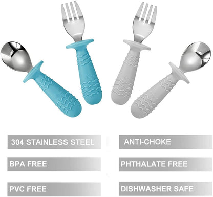 PandaEar 4 Set Baby Toddler Silicone Stainless Steel Utensils Silverware Spoon Fork for Baby